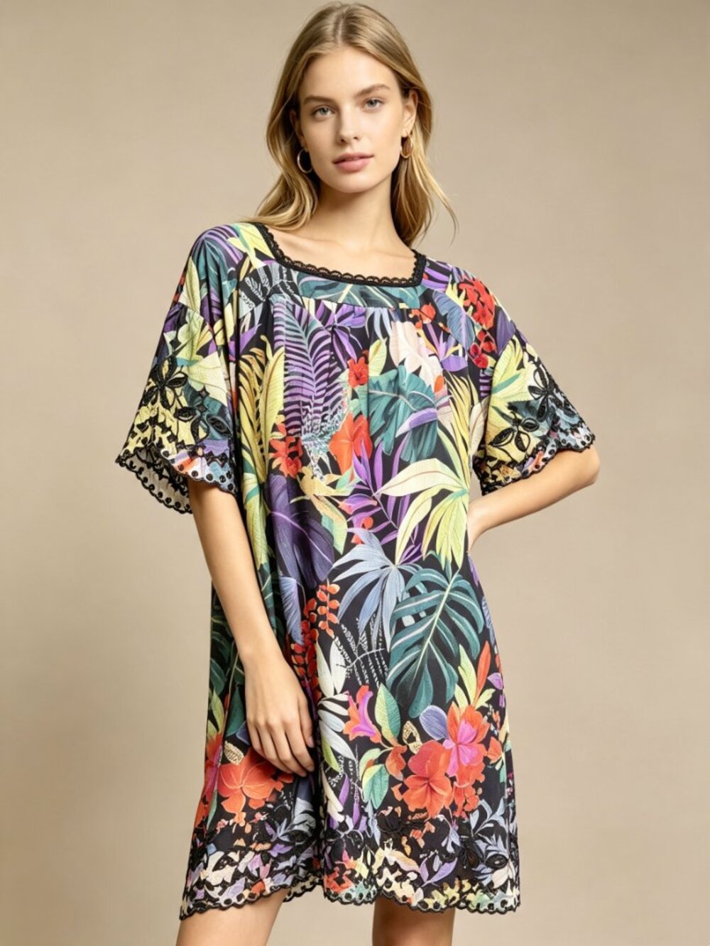 $398 NWOT Johnny Was Jade Silk Lace Floral Embroidered Mini Dress Oversize XS